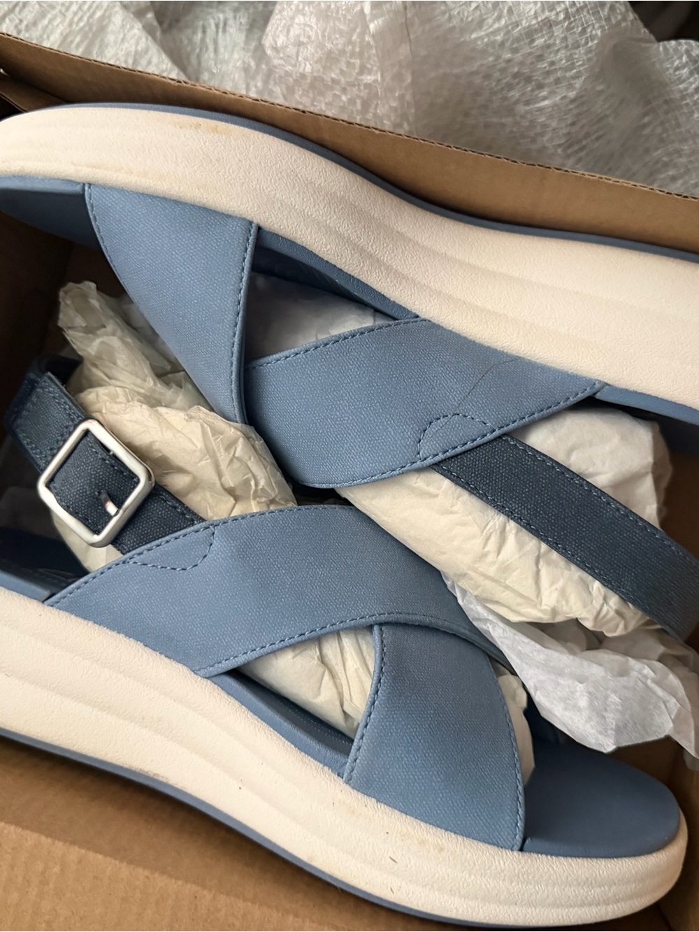 Clarks Sky Blue Crisscross Wedge Sandals
